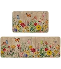 Artoid Mode Cotton Plant Leaf Butterfly Home Spring Kitchen Mats Set of 2, Home Decor Low-Profile Kitchen Rugs for Floor - 17x29 and 17x47 Inch