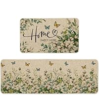 Artoid Mode Cotton Plant Leaf Butterfly Home Spring Kitchen Mats Set of 2, Home Decor Low-Profile Kitchen Rugs for Floor - 17x29 and 17x47 Inch