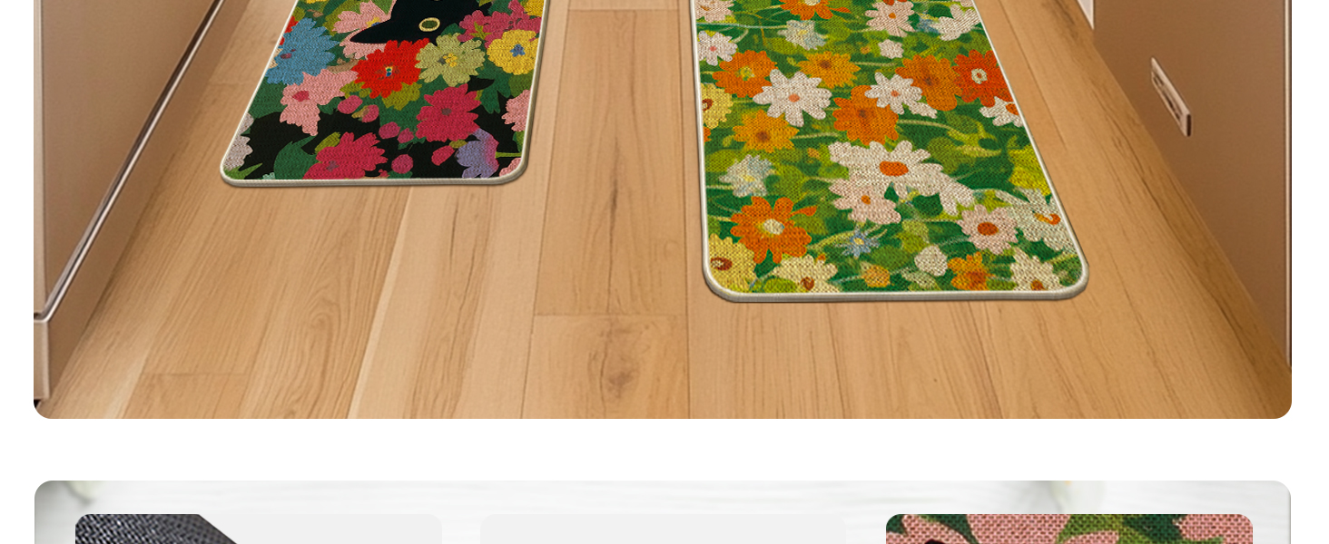 Artoid Mode Flowers Floral Black Cute Cat Spring Kitchen Mats Set of 2, Home Decor Low-Profile Kitchen Rugs for Floor - 17x29 and 17x47 Inch