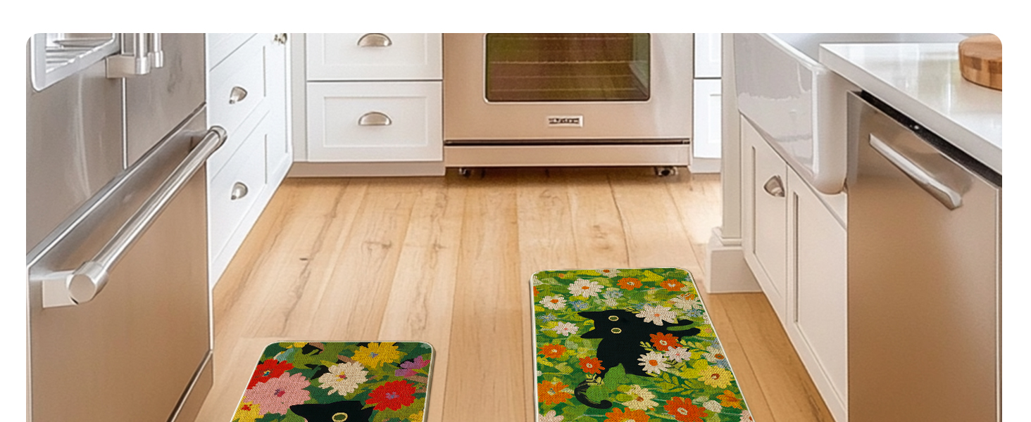 Artoid Mode Flowers Floral Black Cute Cat Spring Kitchen Mats Set of 2, Home Decor Low-Profile Kitchen Rugs for Floor - 17x29 and 17x47 Inch