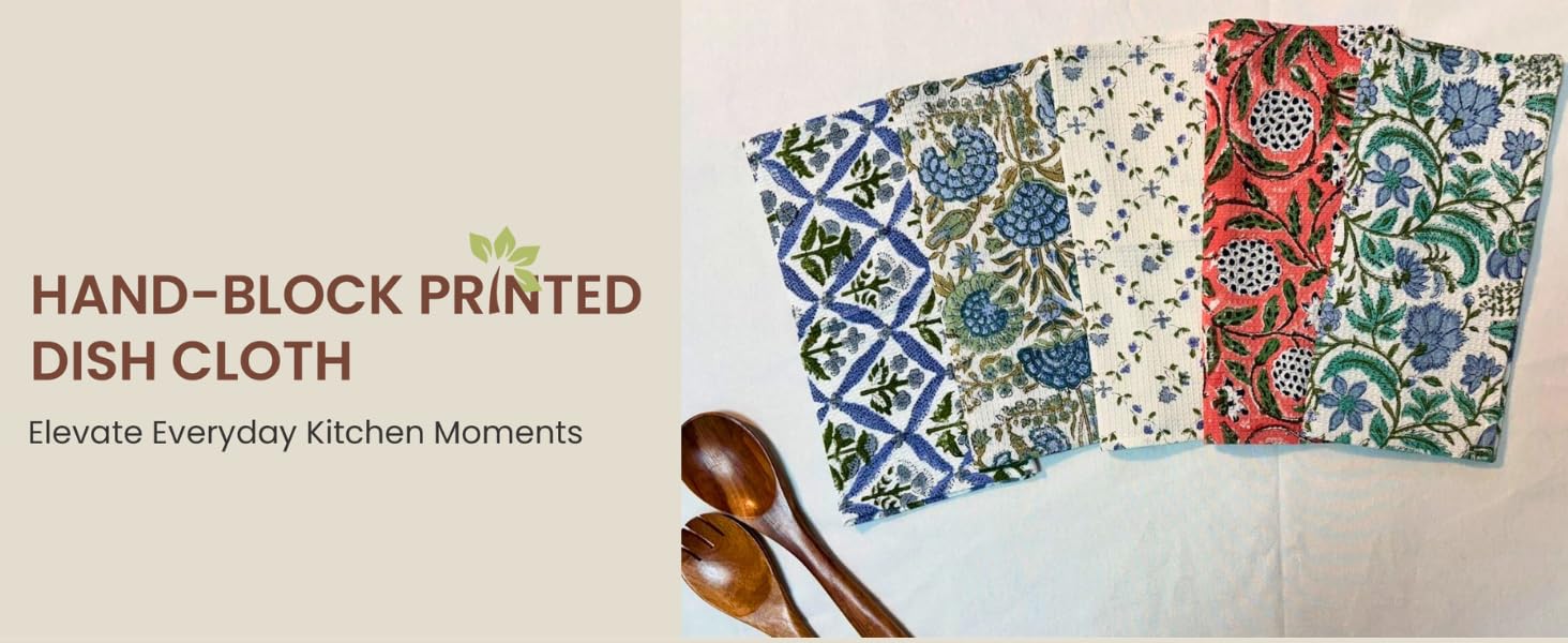 Ridhi Light Steel Blue Hand Block Print Cotton Waffle Dish Cloth Set of 6-12x12 Inch Super Absorbent, Soft, Reusable Kitchen Towels for Dish Drying Cleaning, Ideal for Spring, Easter, Valentine
