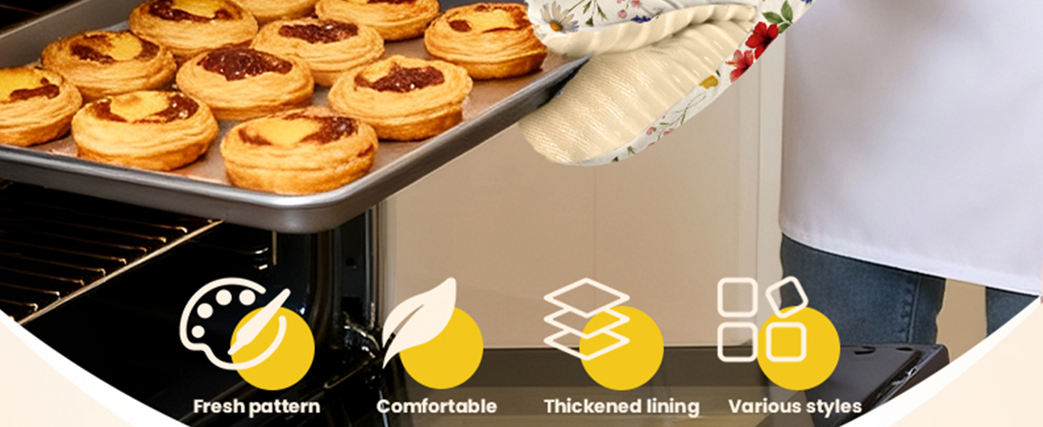 Slohif Vintage Floral Mini Oven Mitts Set – Beige Extended Short Heat Resistant Kitchen Gloves for Women, 100% Cotton Oven Mitts with Silicone Grips, Non-Slip and Thick Durable for Cooking & Baking