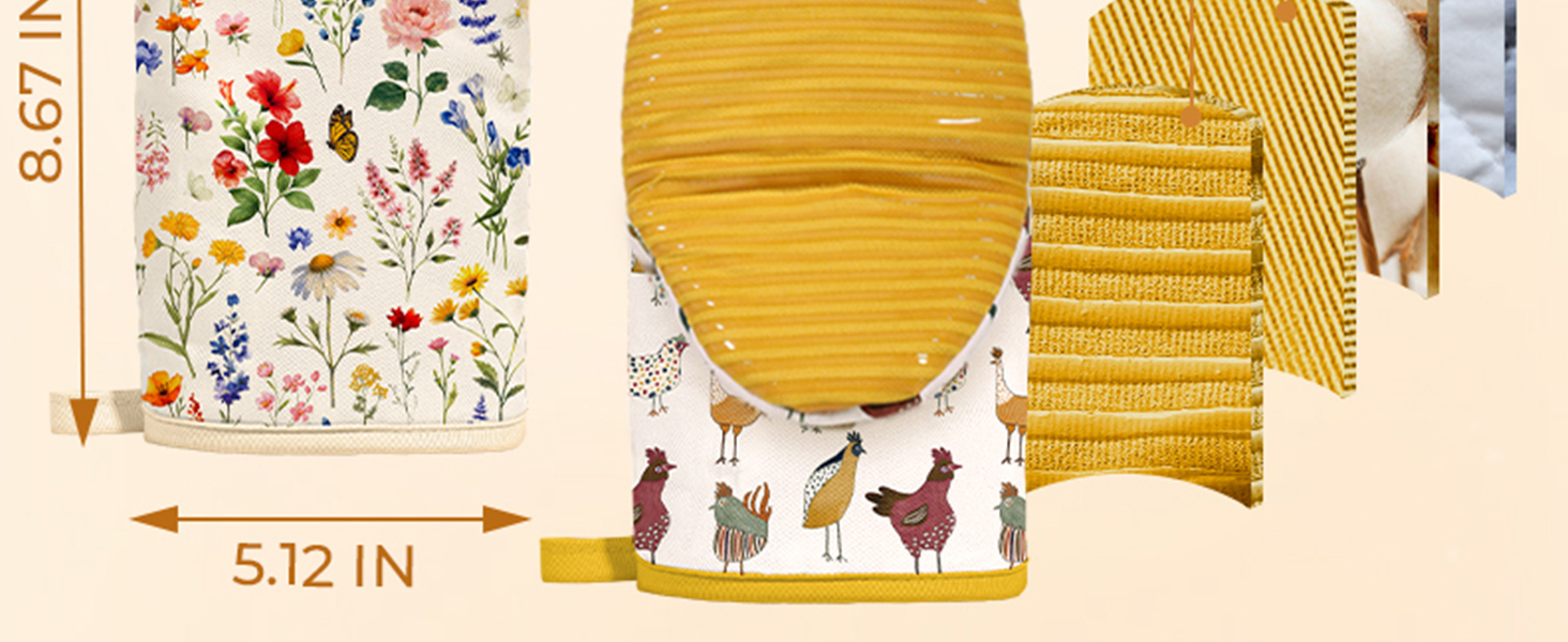 Slohif Vintage Floral Mini Oven Mitts Set – Beige Extended Short Heat Resistant Kitchen Gloves for Women, 100% Cotton Oven Mitts with Silicone Grips, Non-Slip and Thick Durable for Cooking & Baking