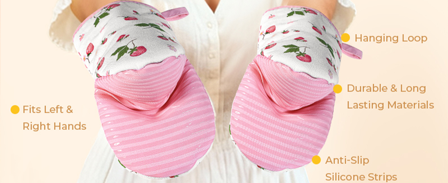 Slohif Vintage Floral Mini Oven Mitts Set – Beige Extended Short Heat Resistant Kitchen Gloves for Women, 100% Cotton Oven Mitts with Silicone Grips, Non-Slip and Thick Durable for Cooking & Baking