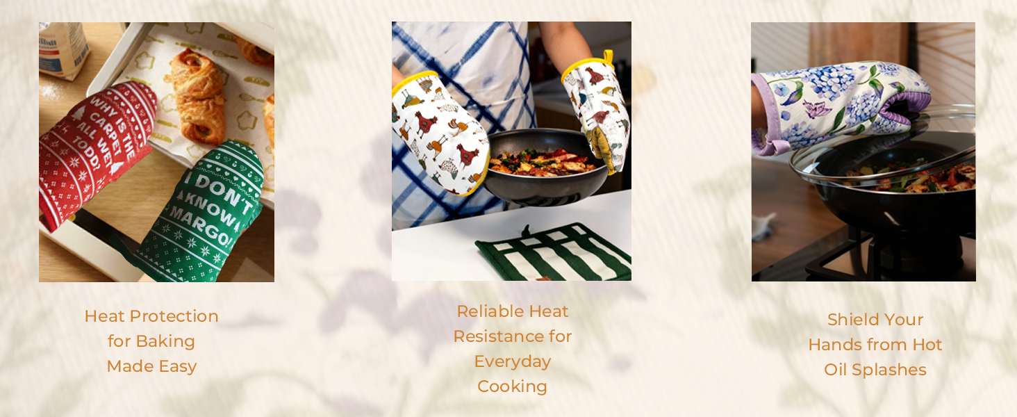 Slohif Vintage Floral Mini Oven Mitts Set – Beige Extended Short Heat Resistant Kitchen Gloves for Women, 100% Cotton Oven Mitts with Silicone Grips, Non-Slip and Thick Durable for Cooking & Baking