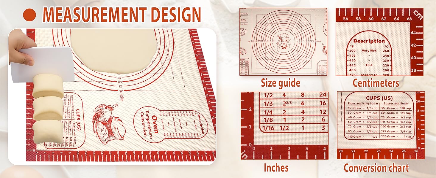 Silicone Baking Pastry Dough Mat - Non Slip Rolling Mat with Measurement Guides, Thick Reusable Kneading Board for Bread, Pizza, Cookies, Fondant, Nonstick Baking Sheet for Kitchen Counter, 20x28inch