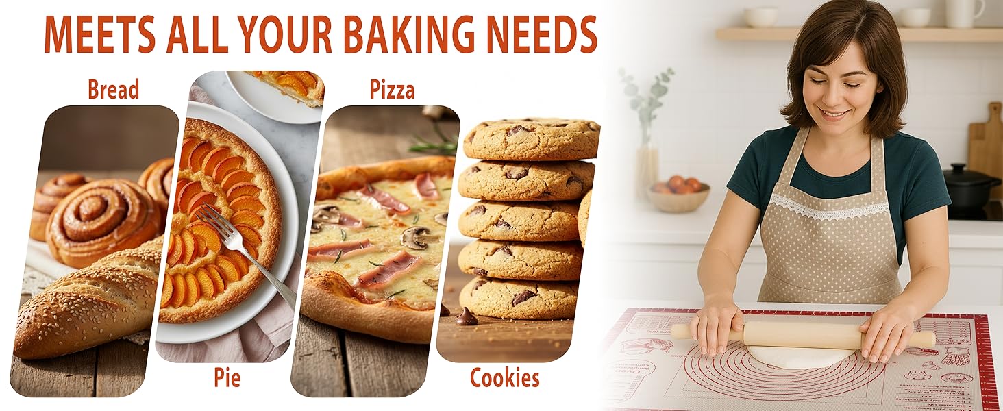 Silicone Baking Pastry Dough Mat - Non Slip Rolling Mat with Measurement Guides, Thick Reusable Kneading Board for Bread, Pizza, Cookies, Fondant, Nonstick Baking Sheet for Kitchen Counter, 20x28inch