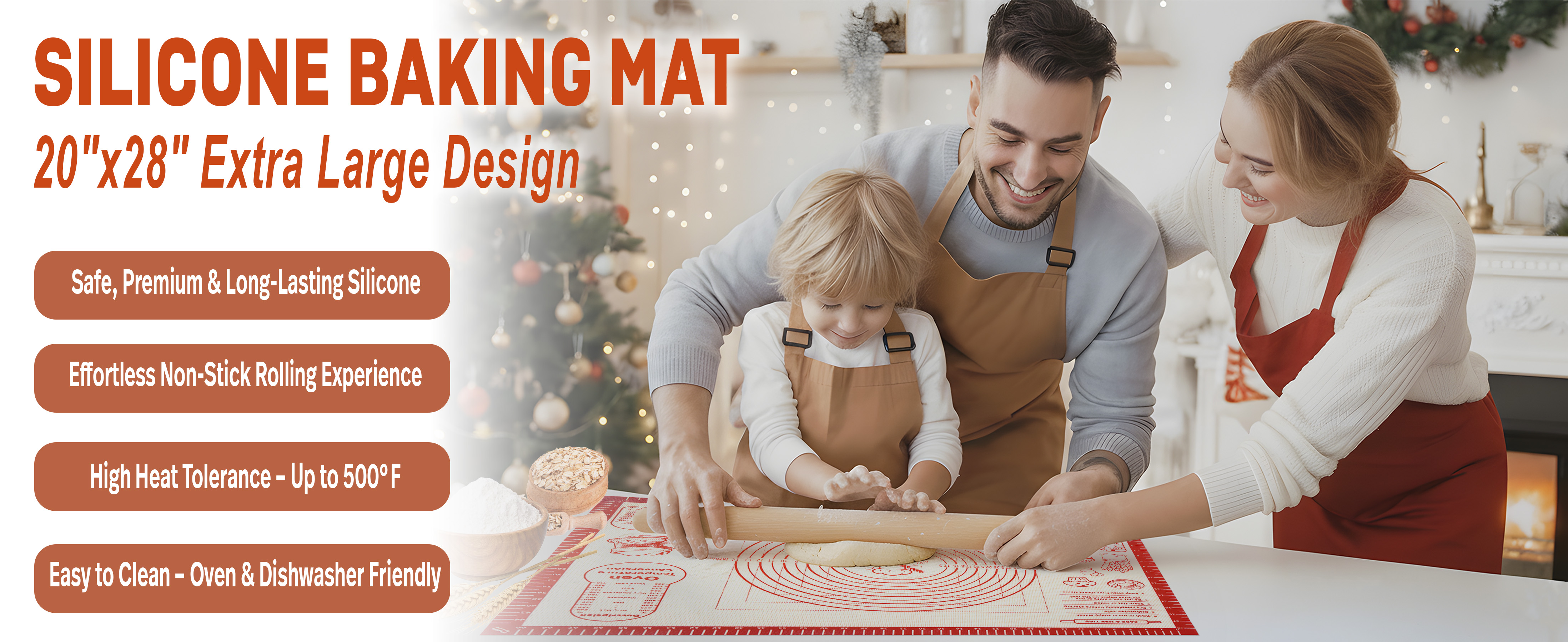 Silicone Baking Pastry Dough Mat - Non Slip Rolling Mat with Measurement Guides, Thick Reusable Kneading Board for Bread, Pizza, Cookies, Fondant, Nonstick Baking Sheet for Kitchen Counter, 20x28inch