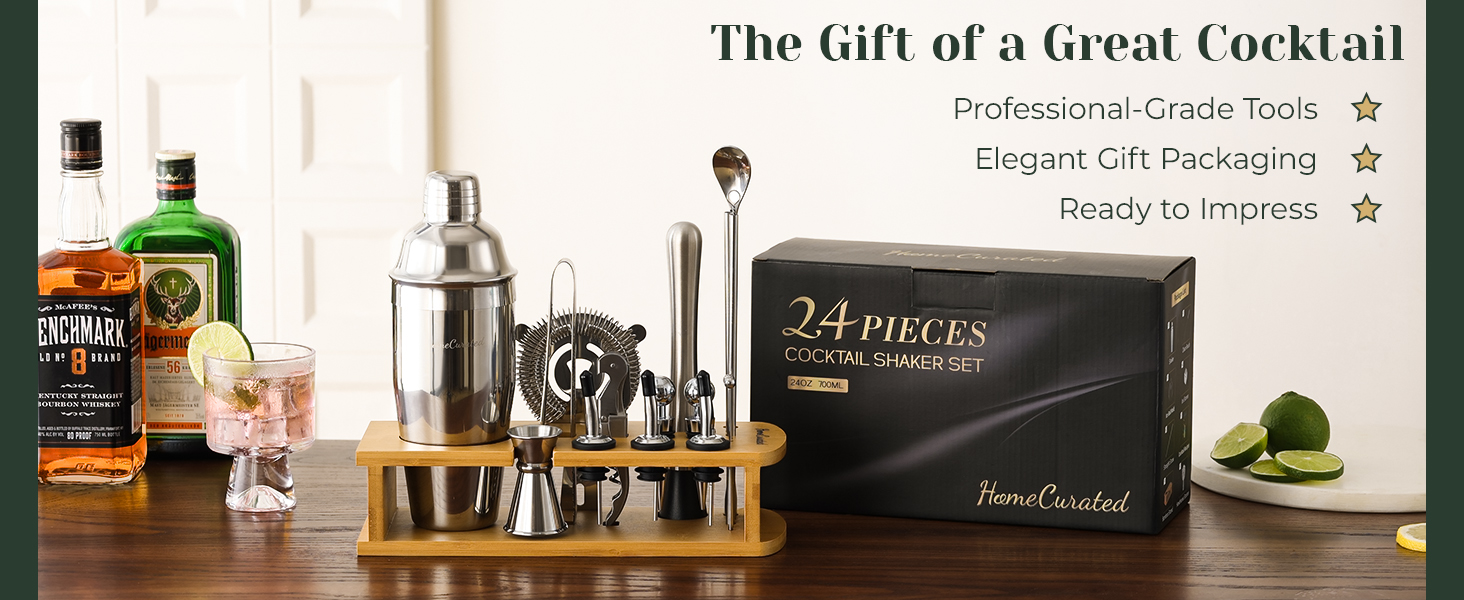 Cocktail Shaker Set,24-Piece Bar Bartender Kit with Stand,Martini Shaker,Jigger,Strainer,Mixer Spoon,Muddler,Liquor Pourers,Tongs,Opener,LCE Ball Mold&LCE Cubes,Bottle Stoppers|Silver