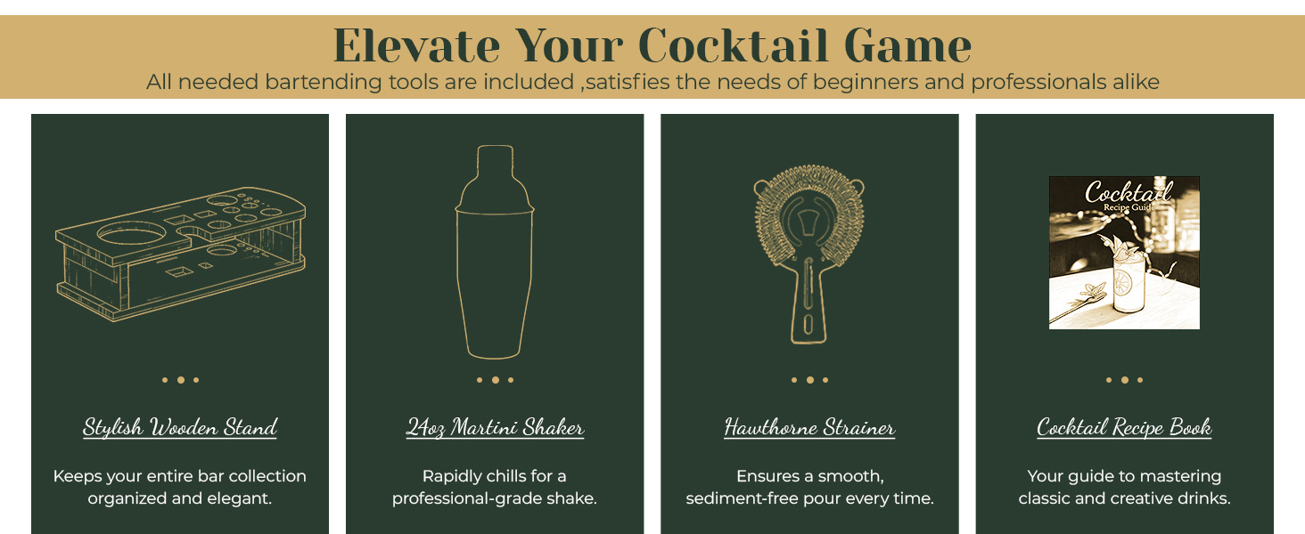 Cocktail Shaker Set,24-Piece Bar Bartender Kit with Stand,Martini Shaker,Jigger,Strainer,Mixer Spoon,Muddler,Liquor Pourers,Tongs,Opener,LCE Ball Mold&LCE Cubes,Bottle Stoppers|Silver