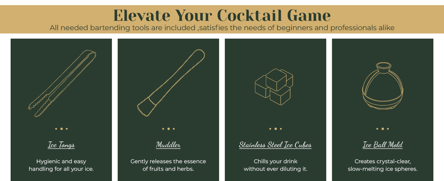 Cocktail Shaker Set,24-Piece Bar Bartender Kit with Stand,Martini Shaker,Jigger,Strainer,Mixer Spoon,Muddler,Liquor Pourers,Tongs,Opener,LCE Ball Mold&LCE Cubes,Bottle Stoppers|Silver