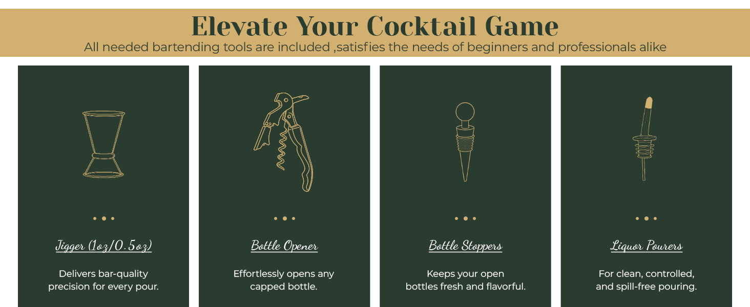 Cocktail Shaker Set,24-Piece Bar Bartender Kit with Stand,Martini Shaker,Jigger,Strainer,Mixer Spoon,Muddler,Liquor Pourers,Tongs,Opener,LCE Ball Mold&LCE Cubes,Bottle Stoppers|Silver