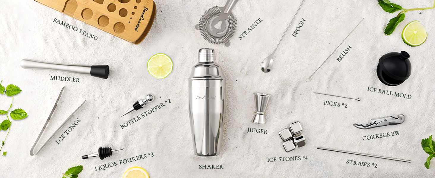 Cocktail Shaker Set,24-Piece Bar Bartender Kit with Stand,Martini Shaker,Jigger,Strainer,Mixer Spoon,Muddler,Liquor Pourers,Tongs,Opener,LCE Ball Mold&LCE Cubes,Bottle Stoppers|Silver