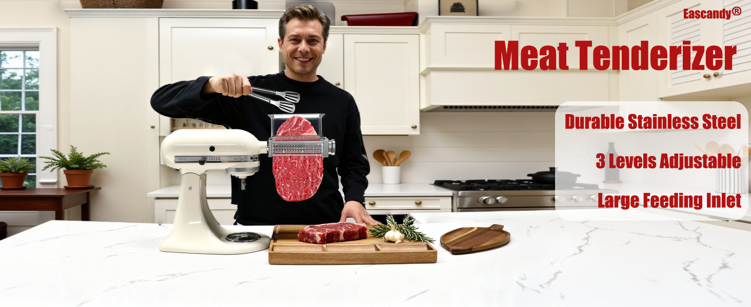 Adjustable Meat Tenderizer Attachment for KitchenAid Stand Mixers – 3 Thickness Settings, Fits All 4.5–7Qt Models, Heavy-Duty Metal Housing with Transparent Shell, Dishwasher Safe