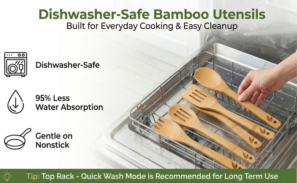Dishwasher Safe Bamboo Wooden Spoons for Cooking 6-Piece – Kitchen Gadgets Wooden Cooking Utensils Set – Premium Kitchen Utensils Set – Easy to Clean, Perfect for Non-Stick Cookware