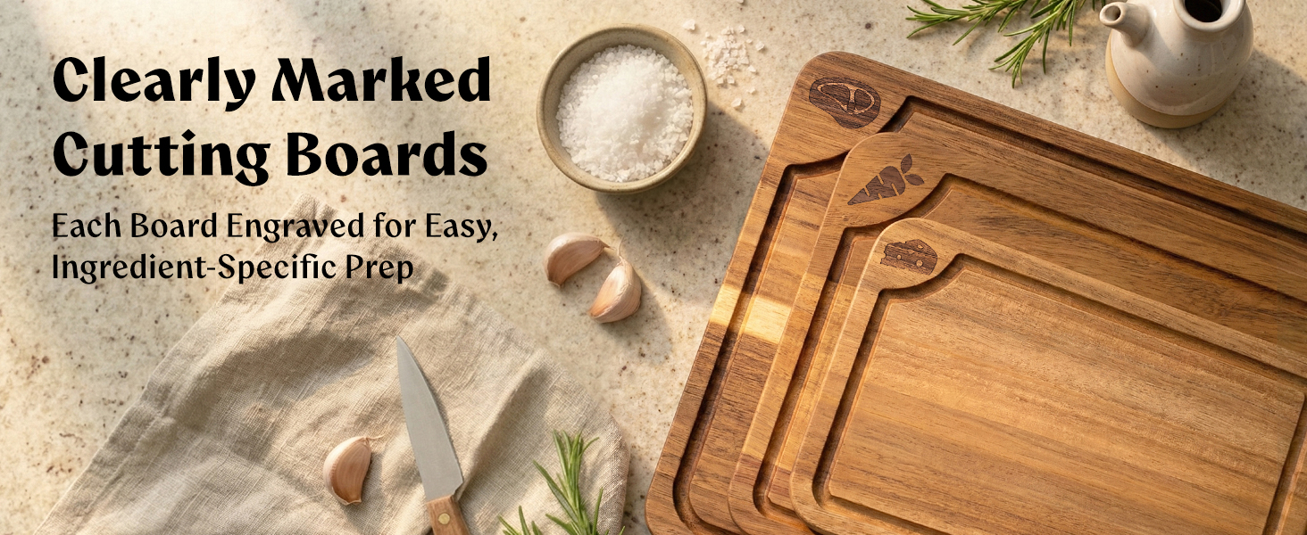 Cutting Boards for Kitchen (Set of 3) Beeswax Finished Acacia Wood Cutting Board, Mineral Oil Free Wooden Cutting Boards non Toxic with Juice Groove, Non-Slip Feet, Charcuterie Boards