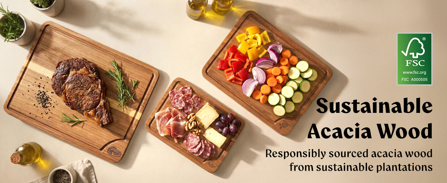 Cutting Boards for Kitchen (Set of 3) Beeswax Finished Acacia Wood Cutting Board, Mineral Oil Free Wooden Cutting Boards non Toxic with Juice Groove, Non-Slip Feet, Charcuterie Boards