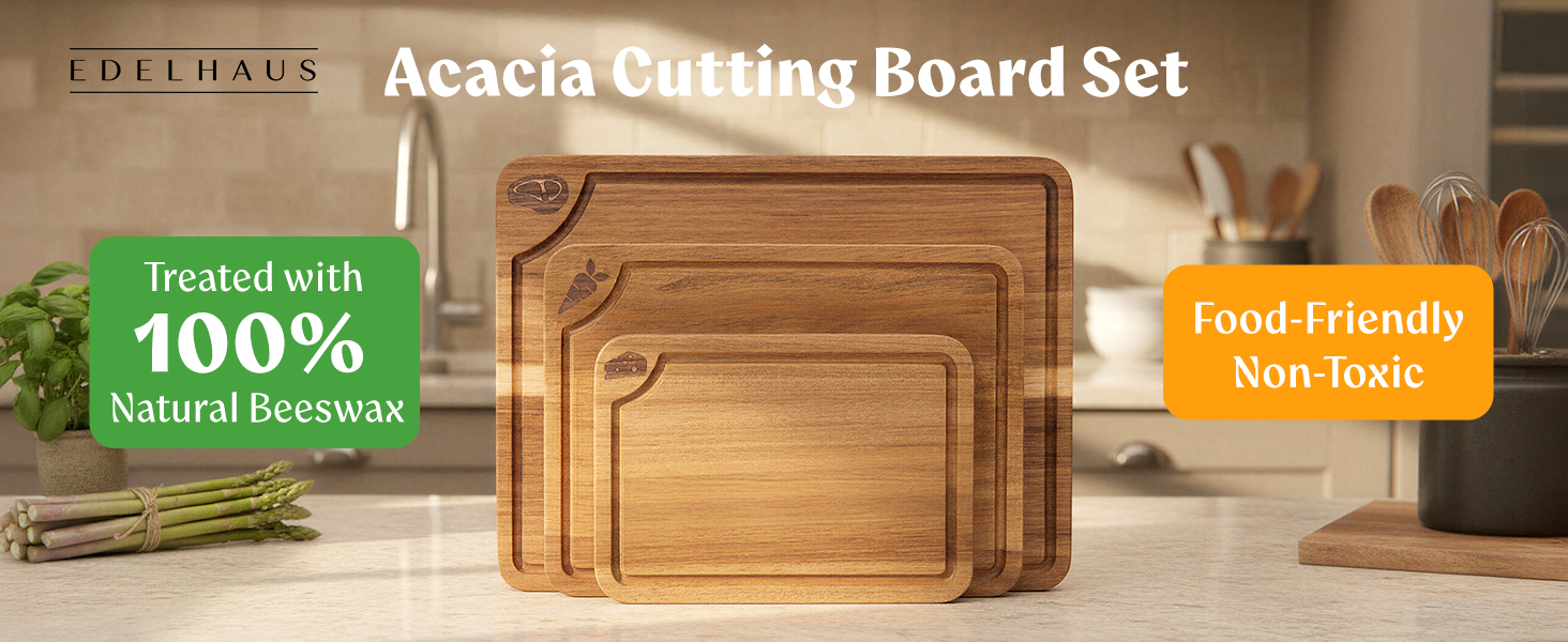 Cutting Boards for Kitchen (Set of 3) Beeswax Finished Acacia Wood Cutting Board, Mineral Oil Free Wooden Cutting Boards non Toxic with Juice Groove, Non-Slip Feet, Charcuterie Boards