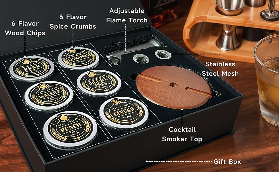 Whiskey Smoker Kit with Torch - 12 Flavors Wood Chips - Cocktail Smoker Infuser Kit, Old Fashioned Drink Smoker Kit, Birthday Bourbon Whiskey Gifts for Men,Dad(NO Butane)