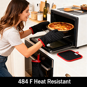 Oven Mitts and Pot Holders Sets,Oven Mitts and Potholders with Cotton High Heat Resistant Extra Thick Long Oven Mitts for Cooking 4 Pcs,Black Red