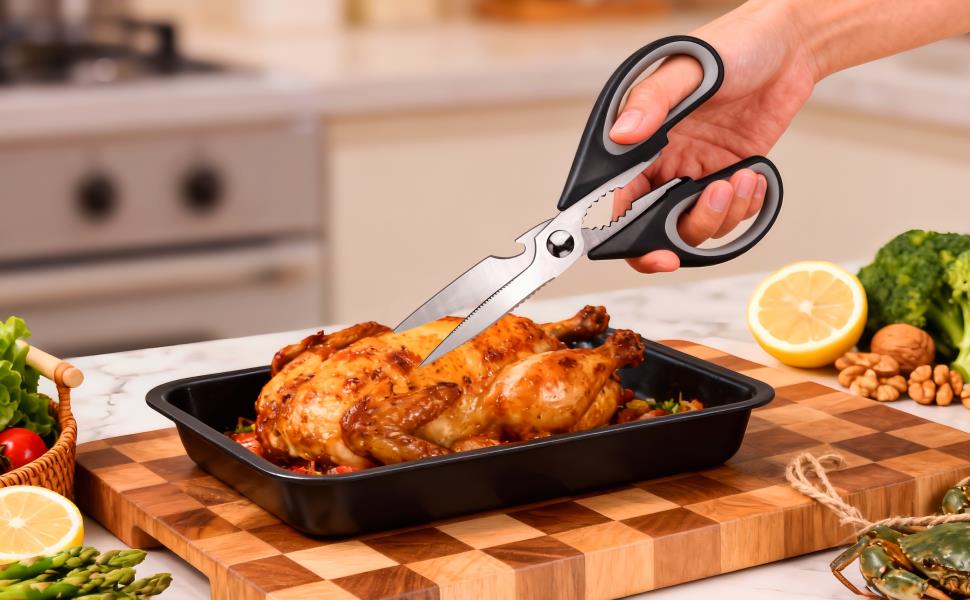 All Purpose Kitchen Shears with Protective Sheath, Heavy Duty 3 Pack Kitchen Scissors with Serrated Blade, Stainless Steel Cooking Scissors for Poultry, Food, Vegetables