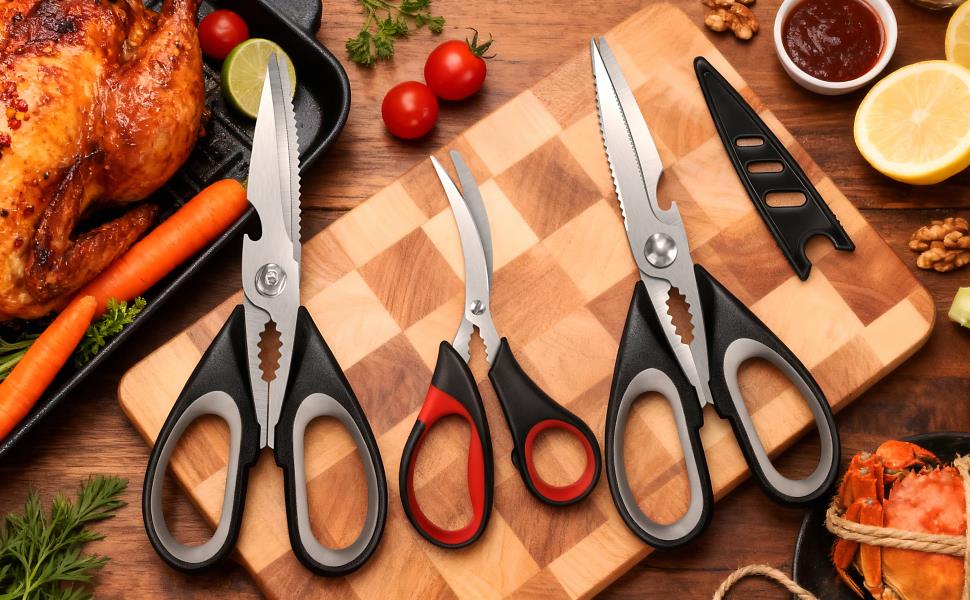 All Purpose Kitchen Shears with Protective Sheath, Heavy Duty 3 Pack Kitchen Scissors with Serrated Blade, Stainless Steel Cooking Scissors for Poultry, Food, Vegetables