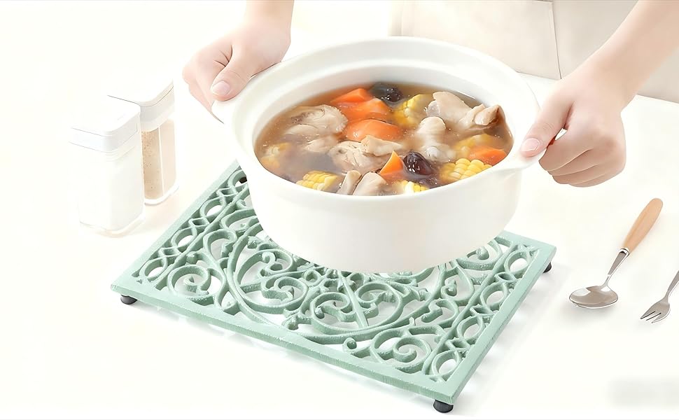 Cast Iron Trivets Metal Trivets with Rubber Feet for Hot Dishes Heat Resistant for Kitchen Cooktop and Dining Table Protection (Green Medium 2 Pack)