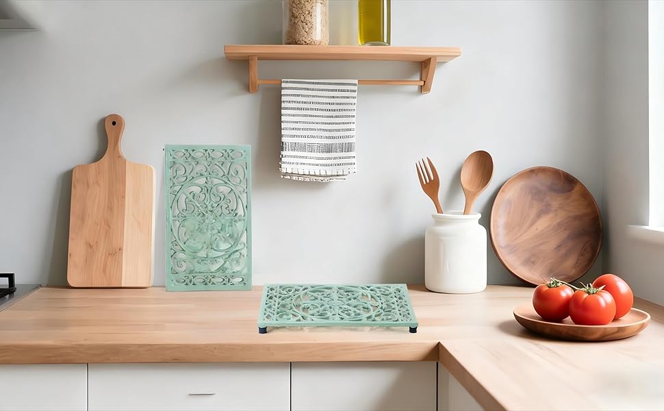 Cast Iron Trivets Metal Trivets with Rubber Feet for Hot Dishes Heat Resistant for Kitchen Cooktop and Dining Table Protection (Green Medium 2 Pack)