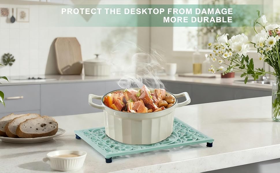 Cast Iron Trivets Metal Trivets with Rubber Feet for Hot Dishes Heat Resistant for Kitchen Cooktop and Dining Table Protection (Green Medium 2 Pack)