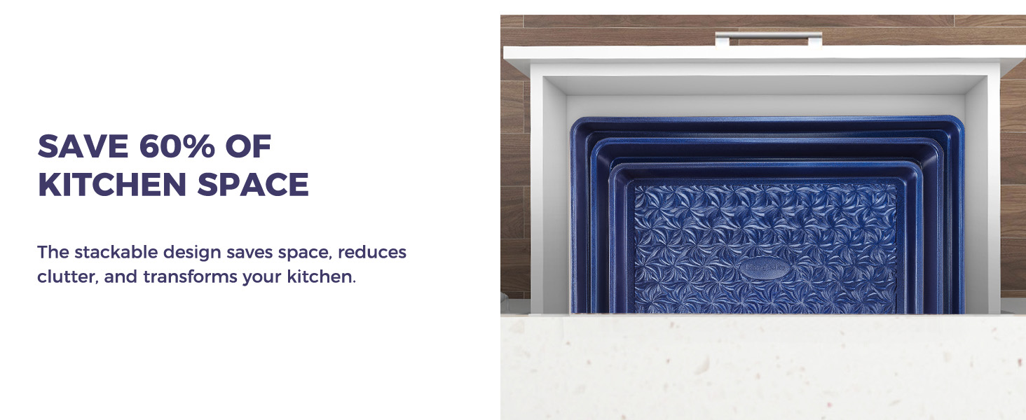 HONGBAKE Nonstick Baking Sheet Pan Set of 3, Cookie Sheets for Oven, Non-Toxic Half/Quarter/Jelly Roll Pans with Floral Swirl Texture, Heavy Duty 0.8mm Thick Oven Trays for Cooking, Blue