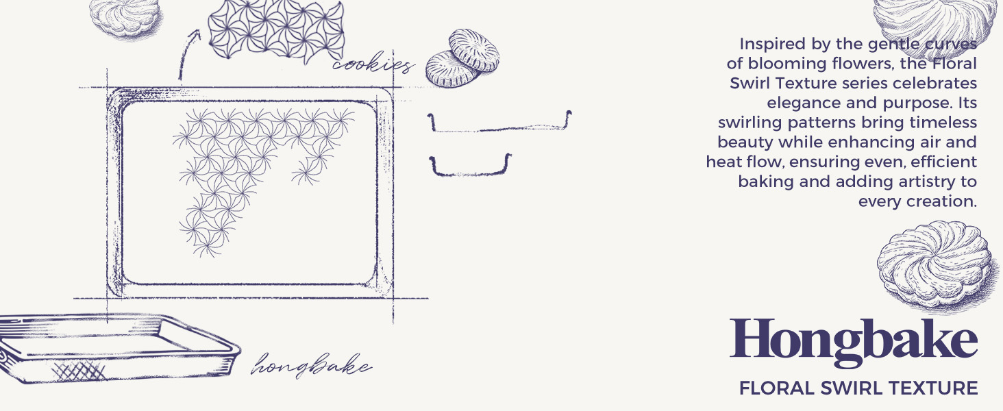 HONGBAKE Nonstick Baking Sheet Pan Set of 3, Cookie Sheets for Oven, Non-Toxic Half/Quarter/Jelly Roll Pans with Floral Swirl Texture, Heavy Duty 0.8mm Thick Oven Trays for Cooking, Blue