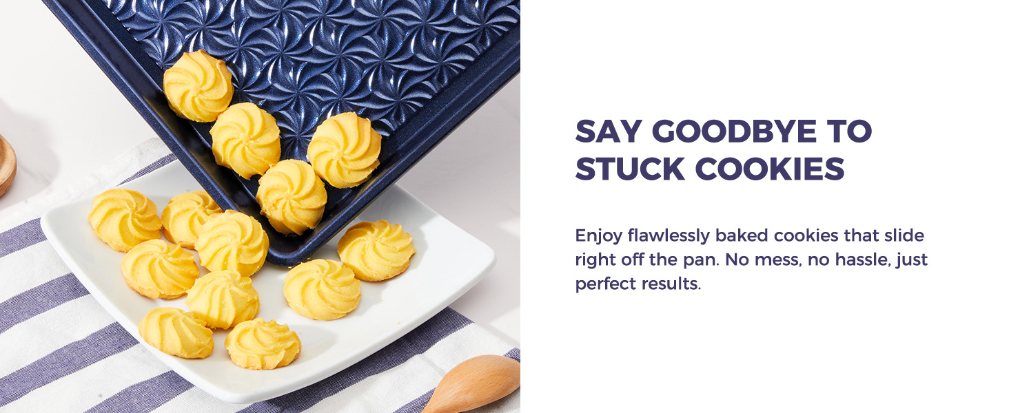 HONGBAKE Nonstick Baking Sheet Pan Set of 3, Cookie Sheets for Oven, Non-Toxic Half/Quarter/Jelly Roll Pans with Floral Swirl Texture, Heavy Duty 0.8mm Thick Oven Trays for Cooking, Blue