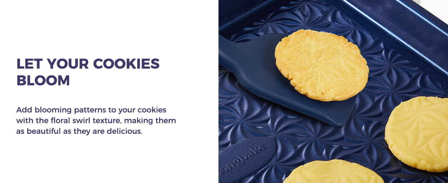 HONGBAKE Nonstick Baking Sheet Pan Set of 3, Cookie Sheets for Oven, Non-Toxic Half/Quarter/Jelly Roll Pans with Floral Swirl Texture, Heavy Duty 0.8mm Thick Oven Trays for Cooking, Blue