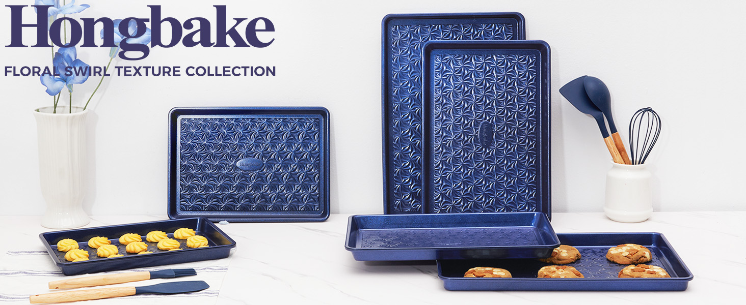 HONGBAKE Nonstick Baking Sheet Pan Set of 3, Cookie Sheets for Oven, Non-Toxic Half/Quarter/Jelly Roll Pans with Floral Swirl Texture, Heavy Duty 0.8mm Thick Oven Trays for Cooking, Blue
