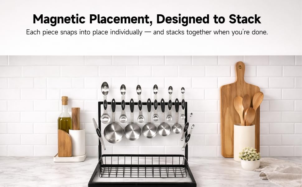 Magnetic Measuring Cups and Spoons Set, Strong N45 Magnets, 304 Stainless Steel, Double-Sided Measuring Spoons, 14-Piece Set with Leveler for Baking & Cooking