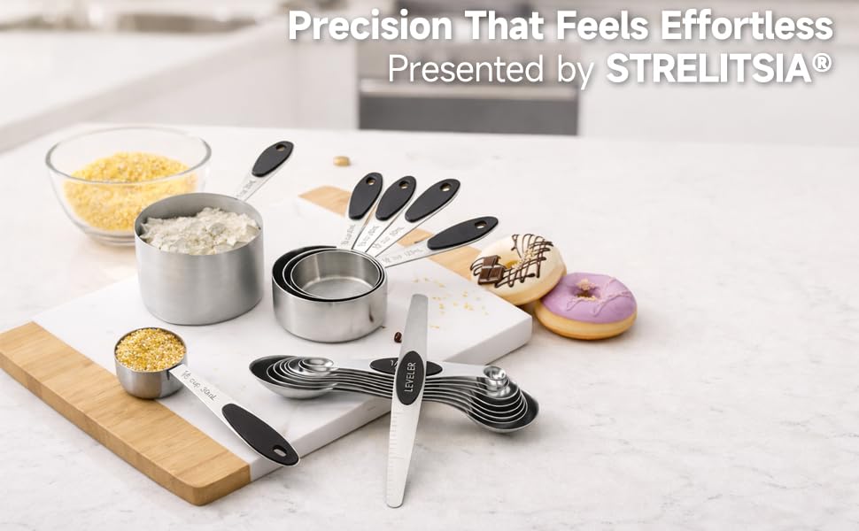 Magnetic Measuring Cups and Spoons Set, Strong N45 Magnets, 304 Stainless Steel, Double-Sided Measuring Spoons, 14-Piece Set with Leveler for Baking & Cooking