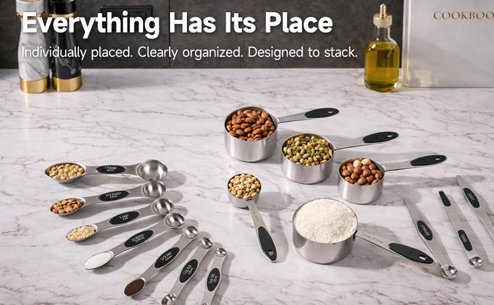 Magnetic Measuring Cups and Spoons Set, Strong N45 Magnets, 304 Stainless Steel, Double-Sided Measuring Spoons, 14-Piece Set with Leveler for Baking & Cooking