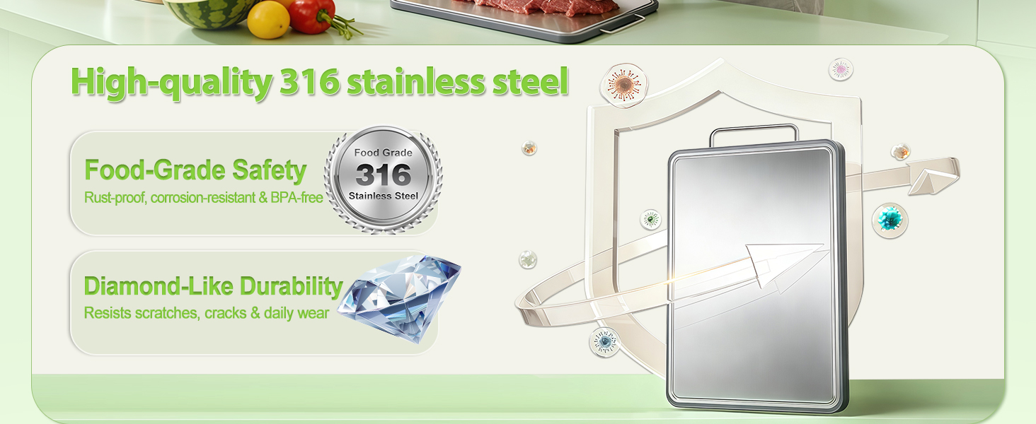 Stainless Steel Cutting Board (17x11"), Large Heavy Duty Double Sided 316 Metal Chopping Board for Kitchen, Food Grade, Deep Juice Grooves, Non-Toxic, Dishwasher Safe for Meat & Veggies