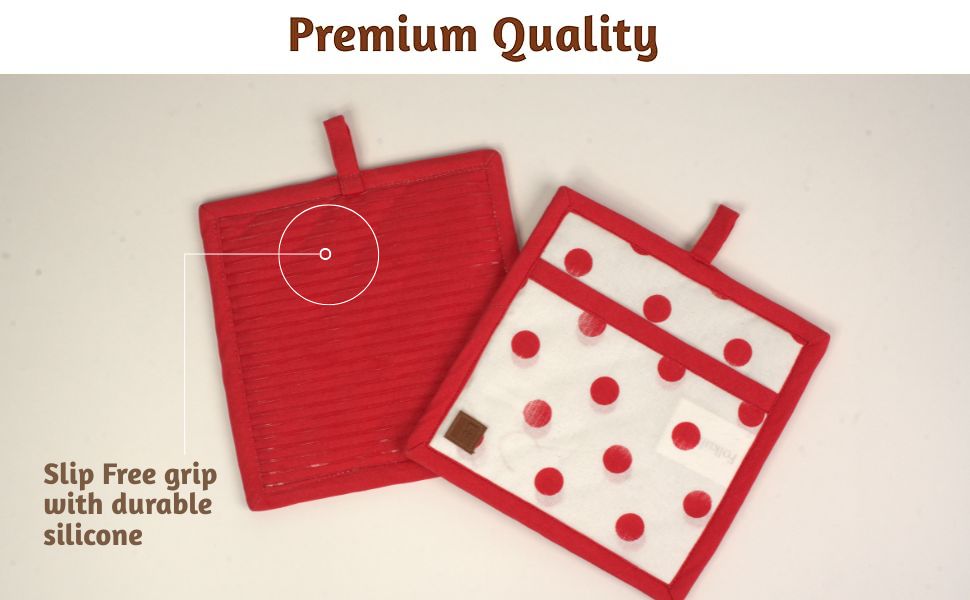 Folkulture Pot Holders for Kitchen | Pack of 2 (8x8) Ribbed Soft Silicone Hot Pads | 100% Cotton Red Cute Oven Pot Holders Set | Heat Resistant, Non Slip | Cooking Gifts, Polka Dot