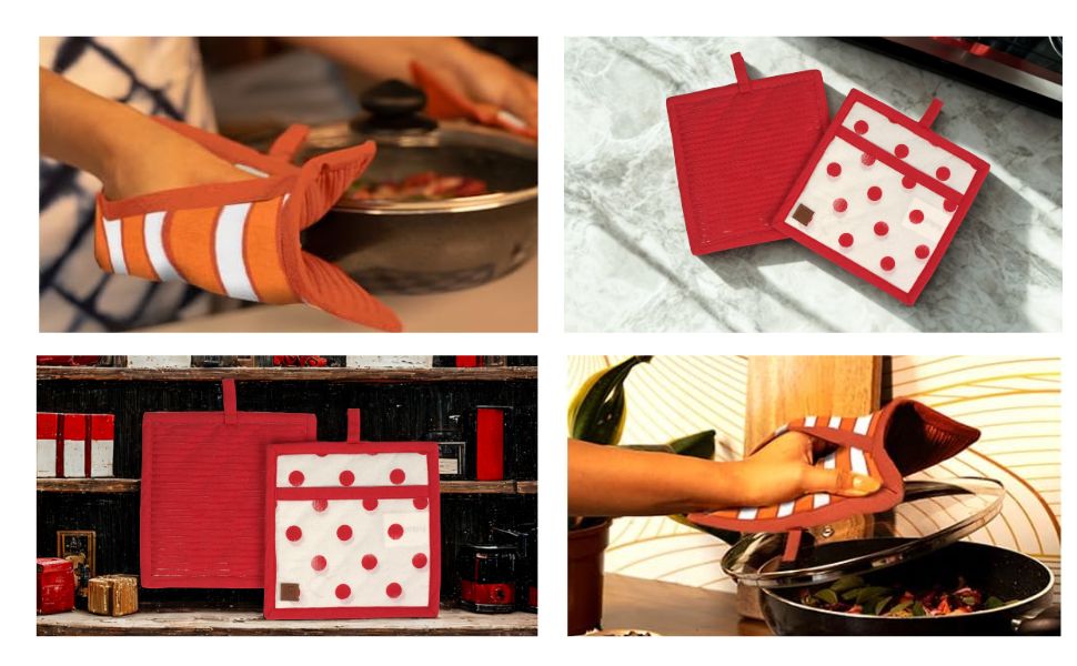 Folkulture Pot Holders for Kitchen | Pack of 2 (8x8) Ribbed Soft Silicone Hot Pads | 100% Cotton Red Cute Oven Pot Holders Set | Heat Resistant, Non Slip | Cooking Gifts, Polka Dot