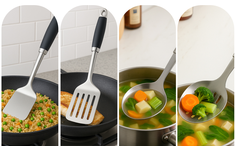 4 Pcs Stainless Steel Kitchen Utensils, Cooking Utensils Set, Includes Solid Spatula, Slotted Spatula, Cooking Spoon, Slotted Spoon, Suitable for various cooking needs