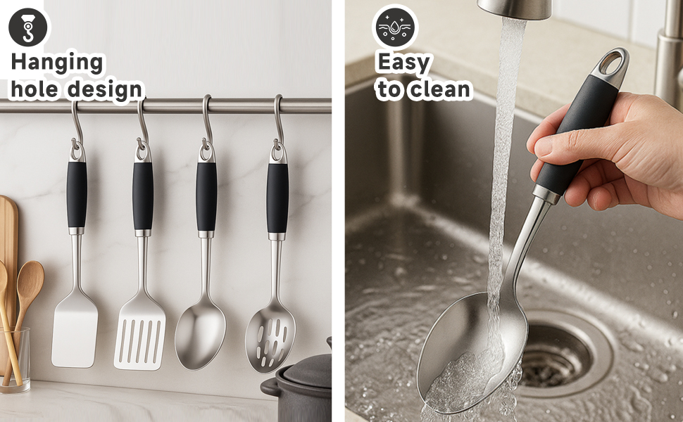 4 Pcs Stainless Steel Kitchen Utensils, Cooking Utensils Set, Includes Solid Spatula, Slotted Spatula, Cooking Spoon, Slotted Spoon, Suitable for various cooking needs