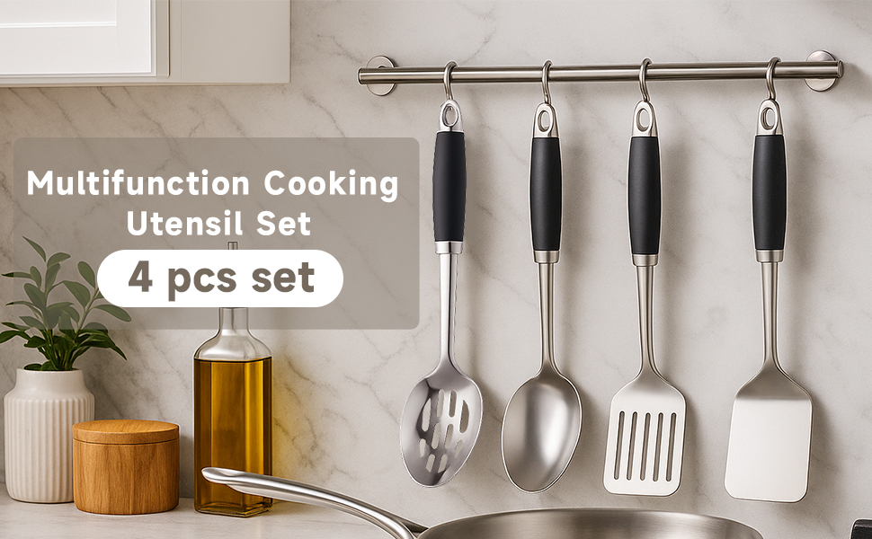 4 Pcs Stainless Steel Kitchen Utensils, Cooking Utensils Set, Includes Solid Spatula, Slotted Spatula, Cooking Spoon, Slotted Spoon, Suitable for various cooking needs