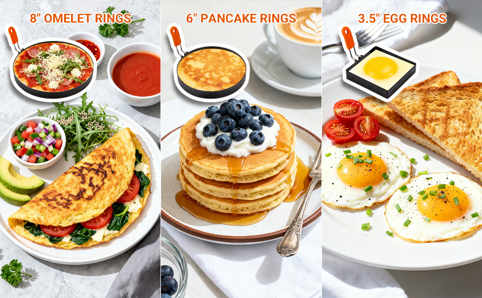 5pcs Egg Rings For Frying Eggs, Stainless Steel Crumpet Ring Mold Griddle Pancake Shapers with Silicone Handle,Includes Bonus Oil Brush and Egg Separator(4.72