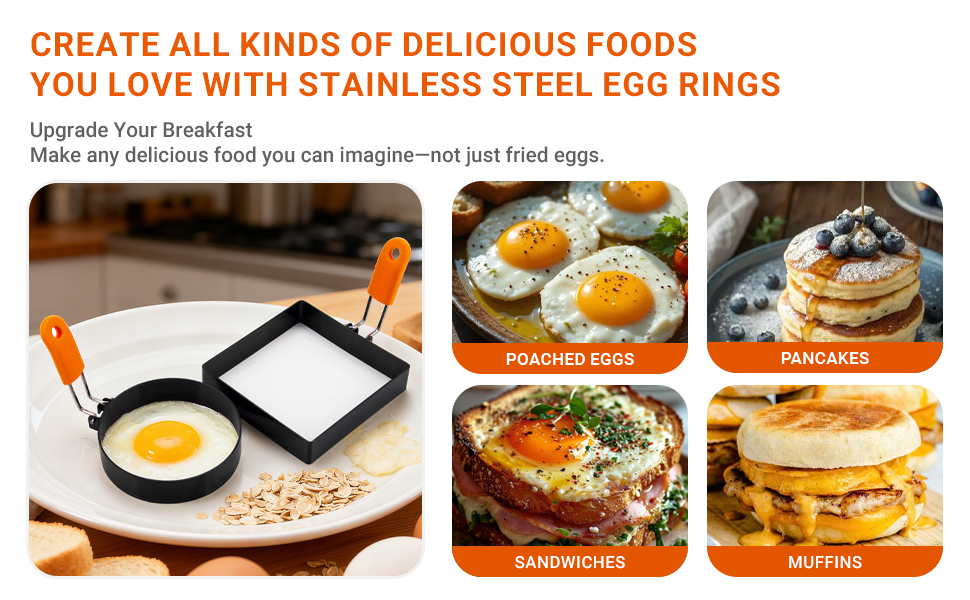 5pcs Egg Rings For Frying Eggs, Stainless Steel Crumpet Ring Mold Griddle Pancake Shapers with Silicone Handle,Includes Bonus Oil Brush and Egg Separator(4.72