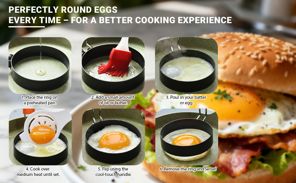 5pcs Egg Rings For Frying Eggs, Stainless Steel Crumpet Ring Mold Griddle Pancake Shapers with Silicone Handle,Includes Bonus Oil Brush and Egg Separator(4.72