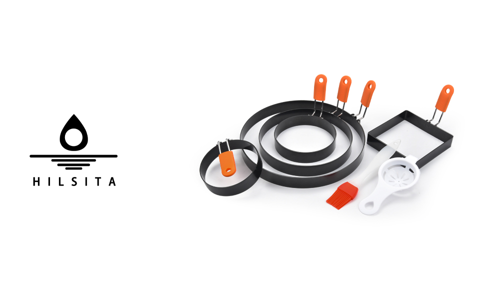 5pcs Egg Rings For Frying Eggs, Stainless Steel Crumpet Ring Mold Griddle Pancake Shapers with Silicone Handle,Includes Bonus Oil Brush and Egg Separator(4.72