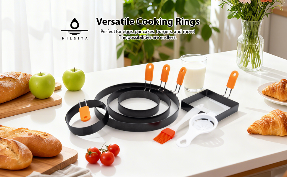 5pcs Egg Rings For Frying Eggs, Stainless Steel Crumpet Ring Mold Griddle Pancake Shapers with Silicone Handle,Includes Bonus Oil Brush and Egg Separator(4.72