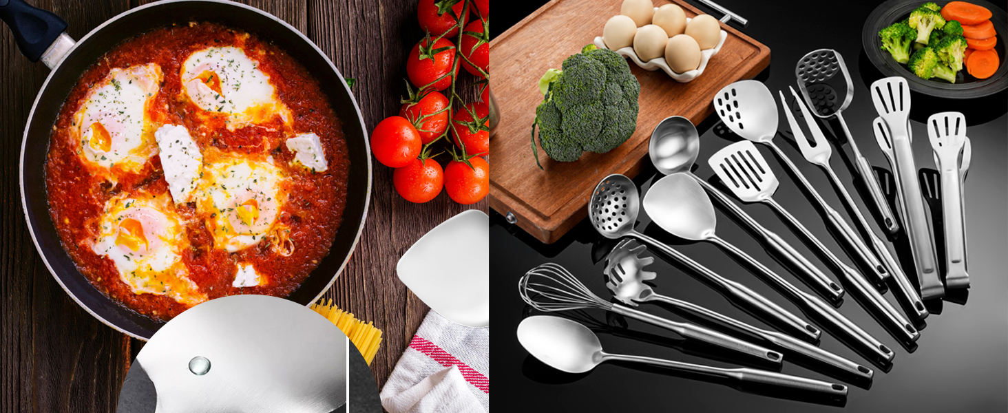 Stainless Steel Kitchen Utensils 12 Pcs, Small Cooking Utensils Set,Spatulas,Ladle,Skimmer,Tunners,Serving Spoon,Spaghetti Spoon,Fork,Potato Masher,Egg Whisk,Tongs,Dishwasher Safe