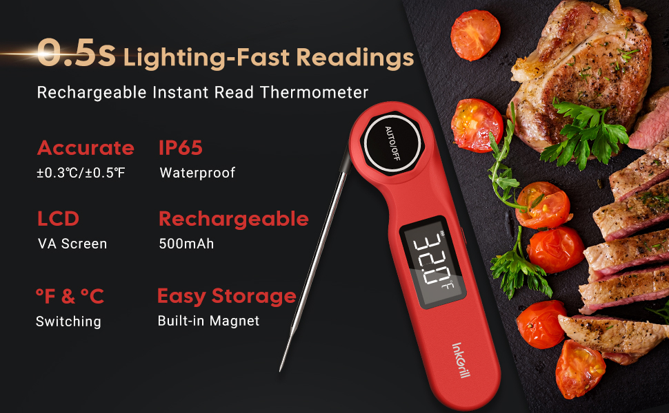 Rechargeable 0.5 Sec Reading Instant Read Meat Thermometer for Cooking, Digital Food Thermometer with High Precision Sensor, 1.42